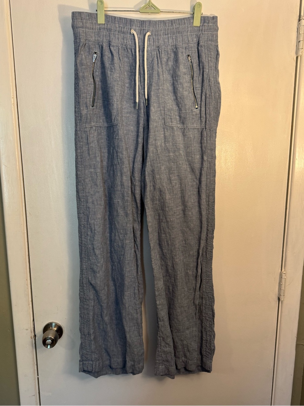 Athleta 8 Tall 100% linen pants pockets chambray blue beach summer casual